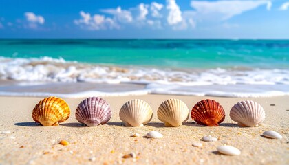 Obraz premium Six seashells of varying shapes and colors arranged in a row on sandy beach with turquoise ocean and blue sky.