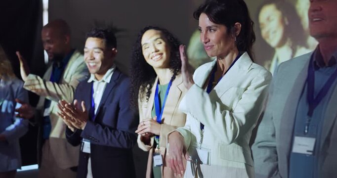 Business people, applause and happy at convention, stage and gratitude for success with presentation. Men, women and diversity for clapping hands, thank you or excited in team at corporate conference