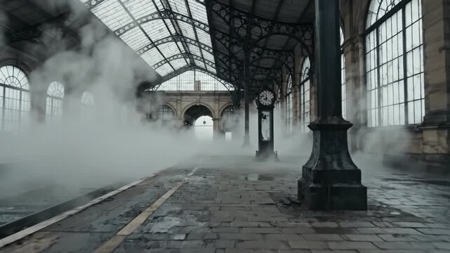 Mysterious Steam Fills Old Train Station Platform with Vintage Clock