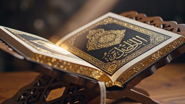The Holy Quran illuminated by a divine light on a wooden stand. Close-up of sacred Islamic scripture with gold Arabic calligraphy. Ramadan and faith concept