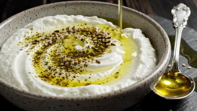 Pouring olive oil on creamy Labneh yogurt with Za'atar and sesame seeds. Traditional Middle Eastern breakfast mezze dish. Healthy Halal food concept for Ramadan or Suhoor