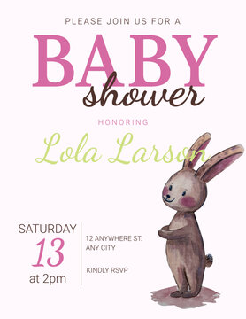 Party invitation. Baby shower. Layout featuring a cute bunny on a pink background.