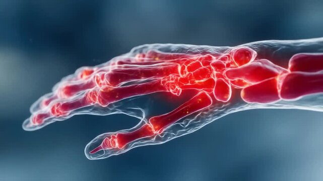 Human hand bones glowing with inflammation against dark blue background