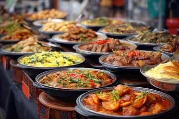 Obraz premium Vibrant display of diverse food dishes at an outdoor food festival in the afternoon sun, showcasing various cuisines and flavors for all to enjoy