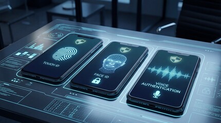 Smartphones displaying various biometric security methods including touch id face id and voice authentication on a digital futuristic interface table for data protection concepts