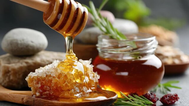 Golden honey cascades from a wooden dipper onto fresh honeycomb, beside a jar of golden sweetness and aromatic rosemary, embodying pure nature's wholesome goodness