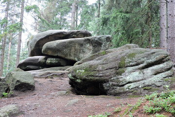 Chybotek, called a wobbling stone, in a forest in the Polish part of The Karkonosze Mountains, Szklarska Poręba