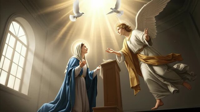 The Annunciation: Archangel Gabriel brings divine news to the Blessed Virgin Mary, foretelling the birth of Jesus Christ, the Son of God, under the Holy Spirit, initiating mankind's salvation