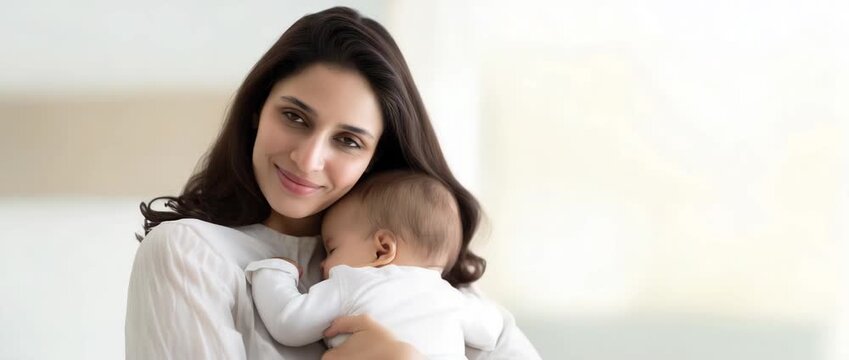 Latina Hispanic mother holding her newborn baby close to her cheek, soft loving smile, baby calm and safe in her arms, bright airy home interior with warm window  4K