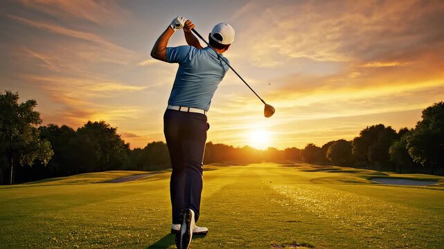 Golfer swinging at sunset