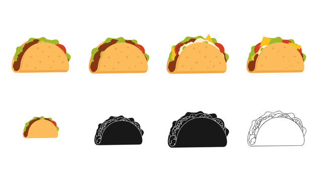 Varied Taco Illustrations: Culinary Icons in Color Silhouette and Line Art Design