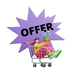 Person sitting in a shopping cart with a purple offer starburst and a potted plant