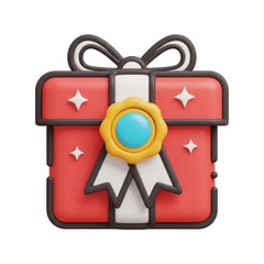 Gift box with a golden seal and white ribbon on red background with white stars