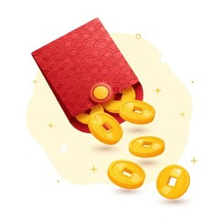 Red envelope with gold coins spilling out on yellow background with sparkles