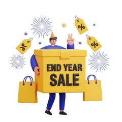 Man holding big box with end year sale text on white background