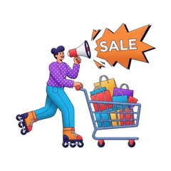 Woman on roller skates with shopping cart and sale sign isolated on white background