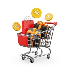 Shopping cart with gifts and bags on white background