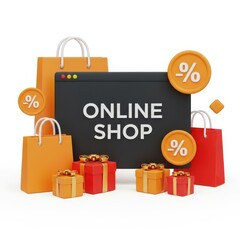 Online shop concept with bags and gifts isolated on white background