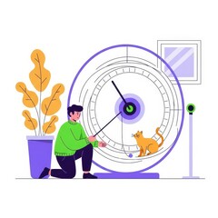 Man and cat on a large wheel with a plant beside them isolated on white background