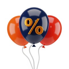 Three balloons with a percent sign on one of them isolated on white background