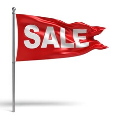 Red sale flag waving on silver pole isolated on white background