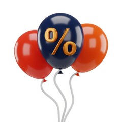 Balloons in red and blue with a percent sign on one balloon on white background