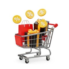 Shopping cart filled with gifts and bags with percentage signs floating above on white background