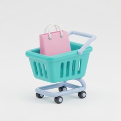 Miniature teal shopping cart with pink shopping bag on a plain white background