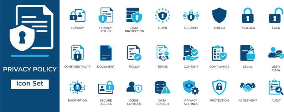 Privacy policy and data protection icon set. GDPR, security, compliance, legal document, and encryption vector symbols for web, app, and interface design.