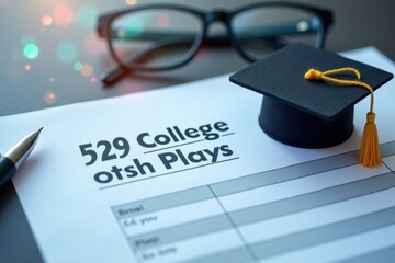 529 College Savings Plan Form Decorated with Graduation Hat, Glasses, and Pen on Holographic Background, Elevating Individuals' Financial Journey.