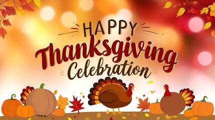 Fototapeta premium Happy Thanksgiving celebration drawing text in glowing gold lettering, soft colorful bokeh background