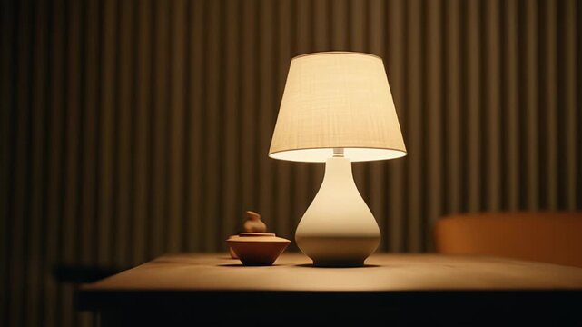 Modern table lamp casting a soft, inviting glow on a wooden surface, enhancing a cozy indoor setting with its tranquil and calming illumination, perfect for relaxation and comfort