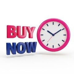 A pink and blue clock with a buy now sign on a white background
