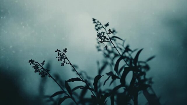 Silhouette of delicate plant stems with buds and leaves against a soft, ghostly background, moody, ethereal and minimalist with ample negative space for copy