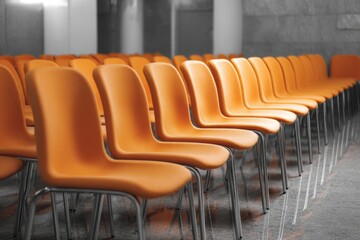 Obraz premium Comfortable soft orange chairs lined in an empty hall with a polished floor inviting visitors for upcoming events or gatherings during the day