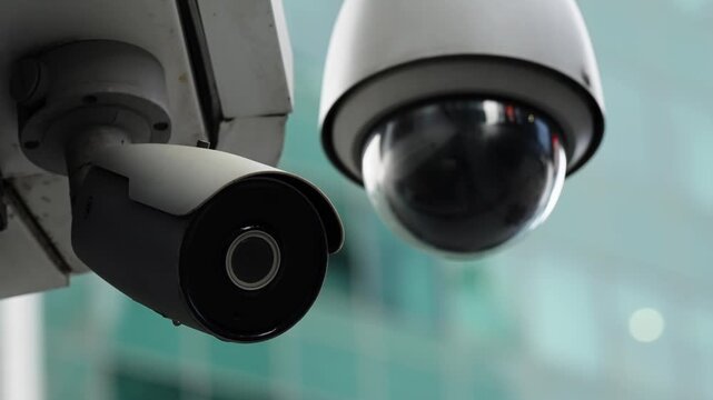 Close-up of outdoor security surveillance cameras, featuring a dome PTZ and a bullet unit mounted on a building bracket, monitoring an urban glass facade with reflections