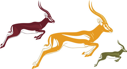 Three stylized antelopes or gazelles in dynamic leaping poses showcasing distinct color variations against black. © Wahad