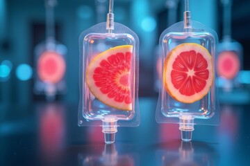 Captivating holographic screens showcasing AI-created fruit slices in clear saline bag in advanced hospital environment.