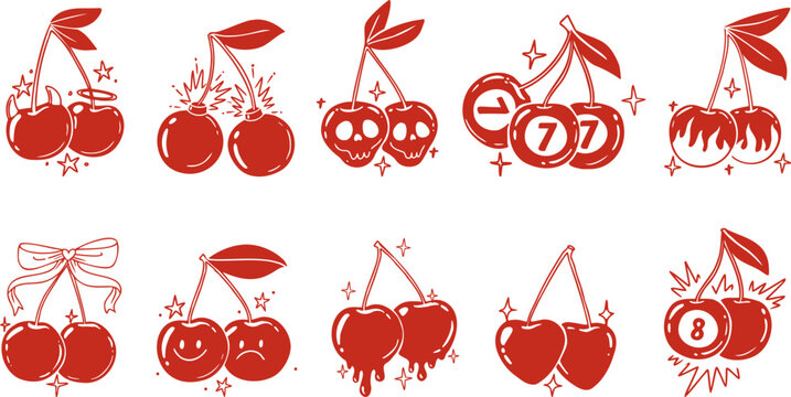 Retro Tattoo Style Cherry Icon Set 10 Vector Illustrations with Skull, Devil, Bomb and Emoji Variations for Sticker and Apparel Design
