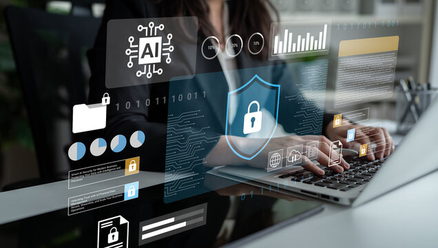 A professional woman engages with her laptop, surrounded by futuristic artificial intelligence and cybersecurity icons, showcasing modern workplace technology integration. Gantry