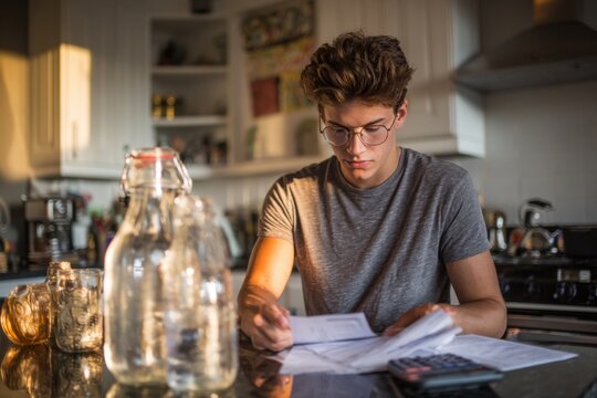 Young man reviews his home finances in a modern kitchen while enjoying the warm afternoon light from a window