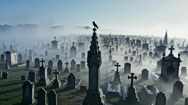 Sweeping drone shot over a massive, deeply atmospheric graveyard blanketed in fog with a lone black raven perched high atop a towering central monument overgrowth, towering, view
