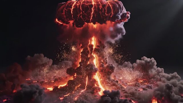 Seamlessly looping digital visualization of a large simulated explosion forming a powerful stylized mushroom cloud shape with glowing particle effects tech industry, future, dynamic motion