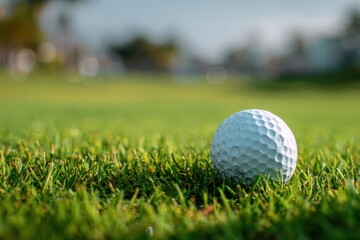 Obraz premium Closeup view of a white golf ball resting on green grass during a sunny day on the golf course