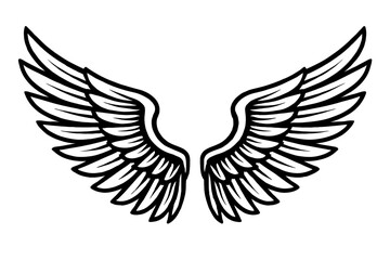 Obraz premium Detailed Wings Vector Illustration - Majestic Spread Angel or Eagle Wings for Freedom, Spirit, and Power Designs, Black and White Linear Art Isolated on White.