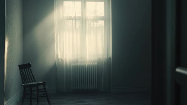 Empty room showing a single wooden chair placed against a wall, with a powerful sunbeam entering through a window covered by sheer curtains, creating an atmospheric light