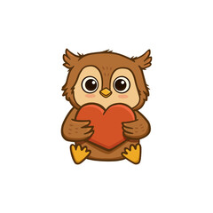 Fototapeta premium Cute cartoon owl with heart on white background. Owlet in flat style. Illustration for Valentines day card designs, banners, children's books and patterns. Vector illustration