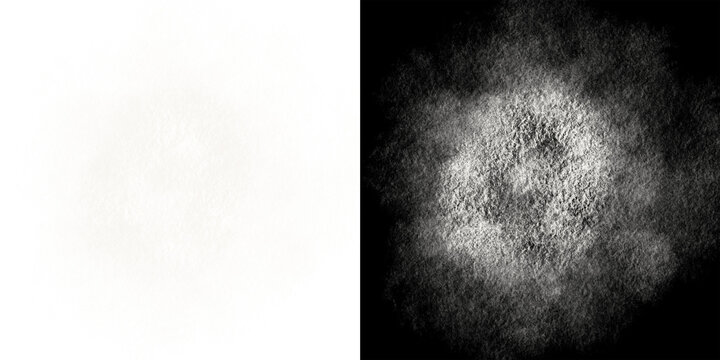 Fine White Dust Cloud and Grainy Powder Explosion Isolated on Black and White Backgrounds