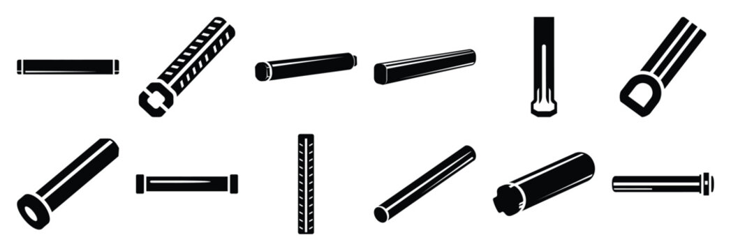 steel rod silhouette vector icons set, industrial machinery parts abstract mechanical illustration.