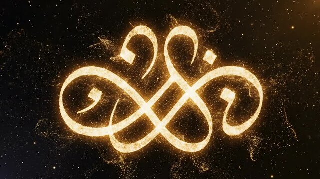 Swarms of golden luminous particles flowing together to briefly form the elegant shape of an abstract arabesque before dispersing into space luminous, grace, dust